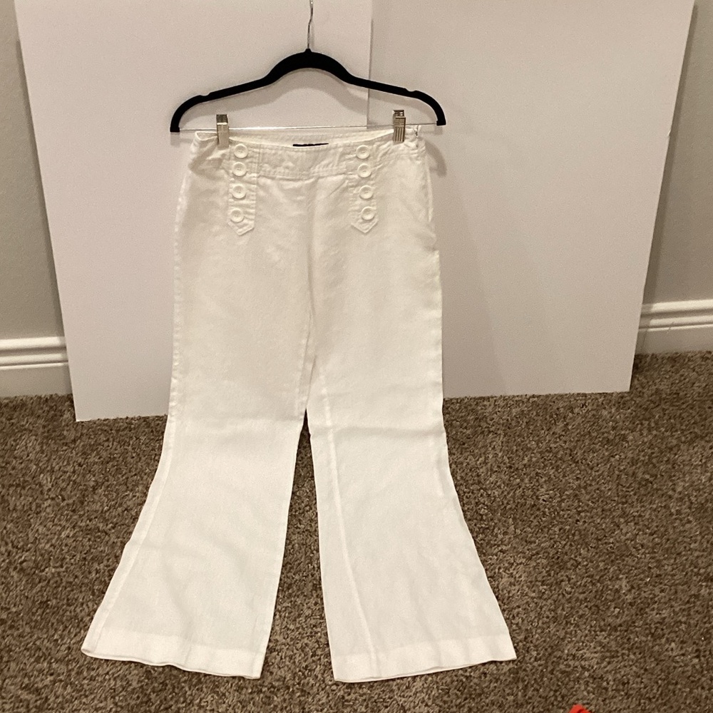 White Linen Flared Pants with Button Detail